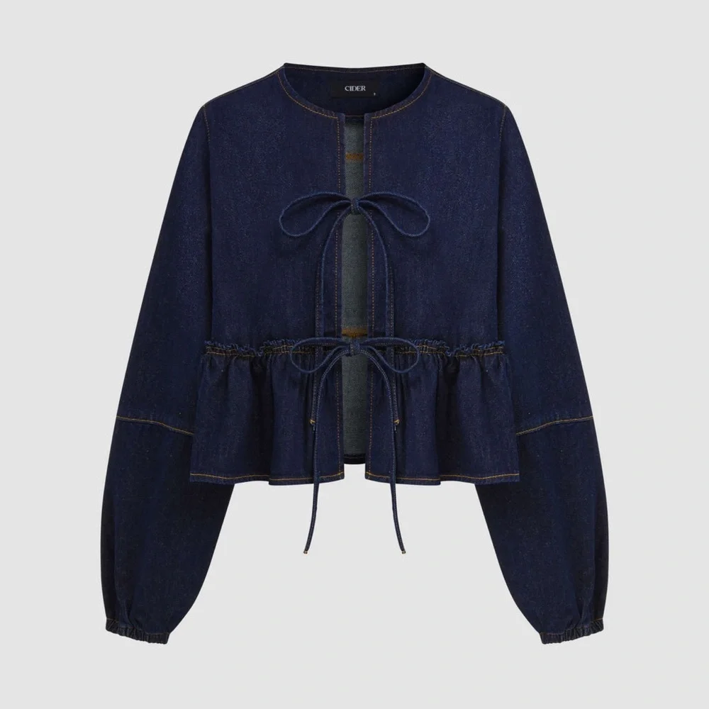 NEW WITHOUT TAGS Cider Dark Denim Blouse with Tie Details Size Small - Picture 4 of 6